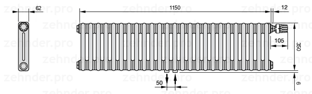 Схема (чертеж) Радиатор Zehnder Charleston 2035/25 №V008 Белый глянцевый RAL 9016